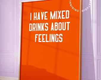 Orange bar cart print, Bar cart accessories, Bold kitchen prints, Funky kitchen decor, college apartment decor, funky wall art, drinks print