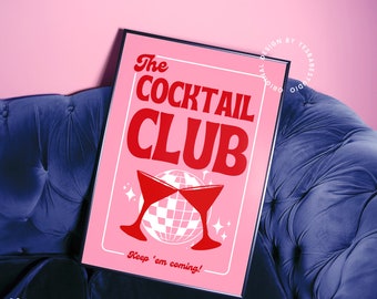 Cocktail Club print, Cocktail print, Red and pink bar cart art, Martini poster, Dopamine decor, Danish pastel prints, Maximalist wall art