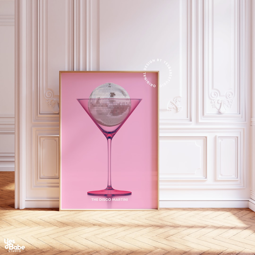 Martini Wall Art, Disco Ball Poster, Bar Cart Prints, Light Pink Wall
