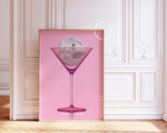 Martini wall art, Disco ball poster, Bar cart prints, Light pink wall art, Bar cart accessories, Disco poster, Bar cart decor,Cocktail print