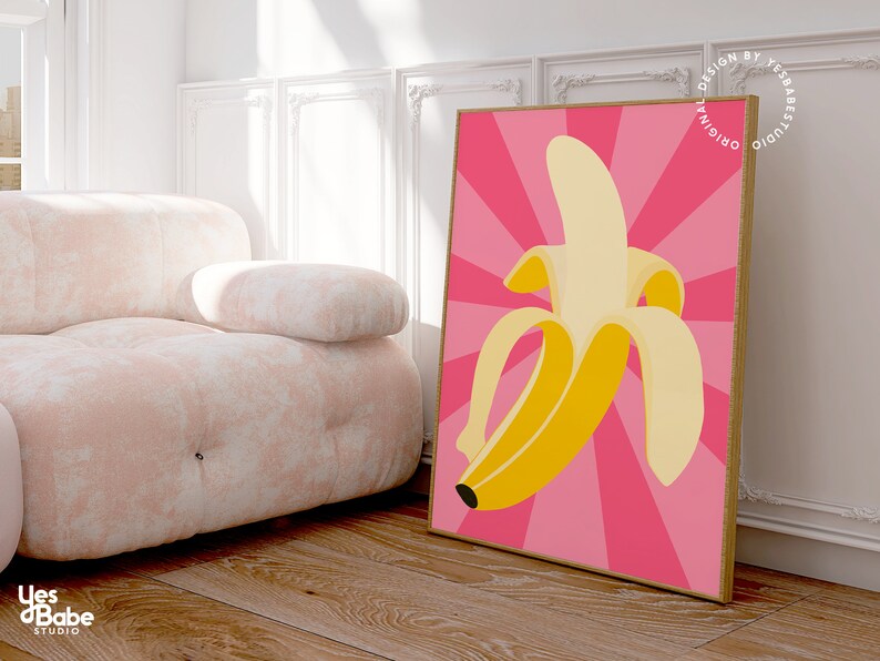 May include: A yellow banana with a pink background and a radial pattern. The text "original design by yesbabe studio" is on the right side of the image.