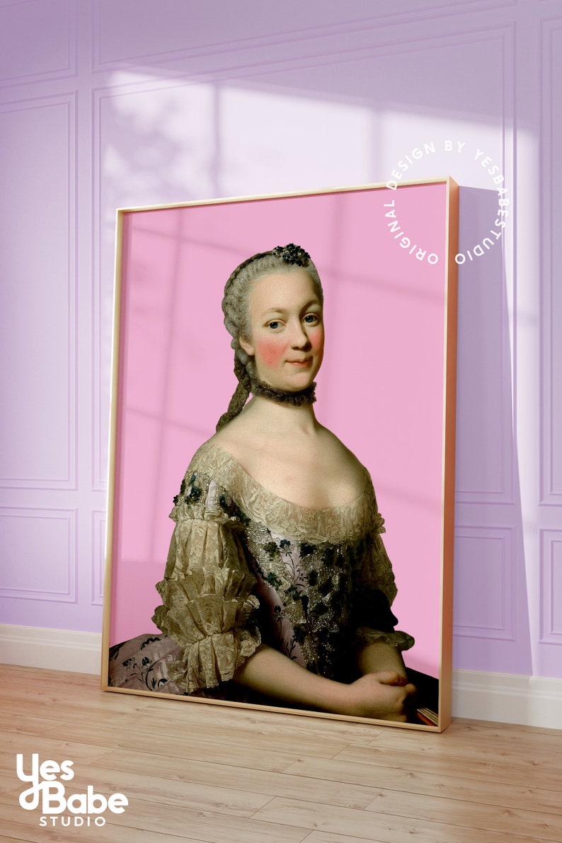 May include: A portrait of a woman in a white and gold dress with a pink background. The woman has a light complexion and is wearing a pearl necklace. The text "ORIGINAL DESIGN BY YES BABE STUDIO" is visible in the upper right corner of the image.