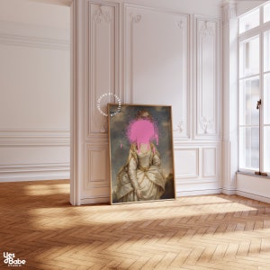May include: A framed painting of a woman in a white dress with pink spray paint covering her face. The painting is set against a white wall with ornate molding.