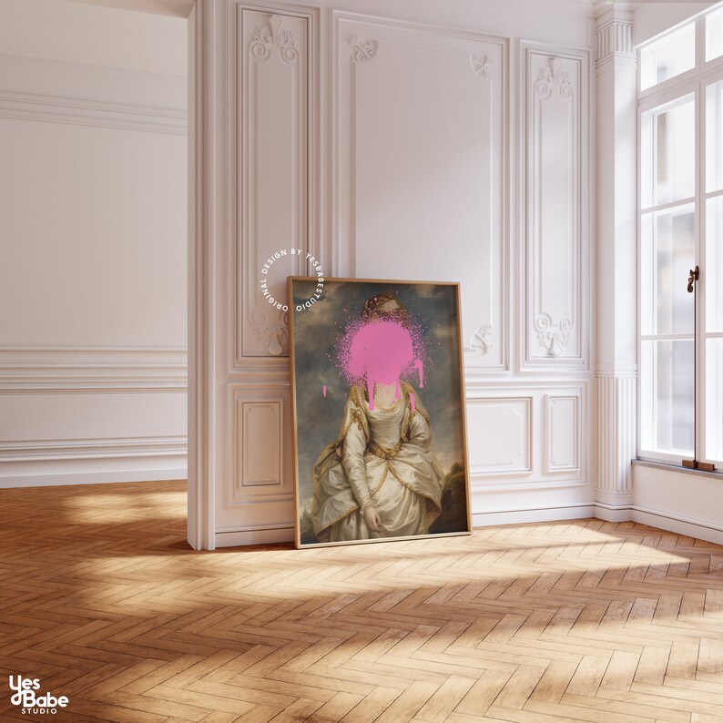 May include: A framed painting of a woman in a white dress with pink spray paint covering her face. The painting is set against a white wall with ornate molding.