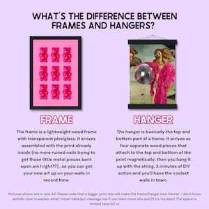 May include: Image comparing a framed print and a print with a hanger. The framed print has a pink background with gummy bear shapes. The hanger print shows a Renaissance-style image with a disco ball.