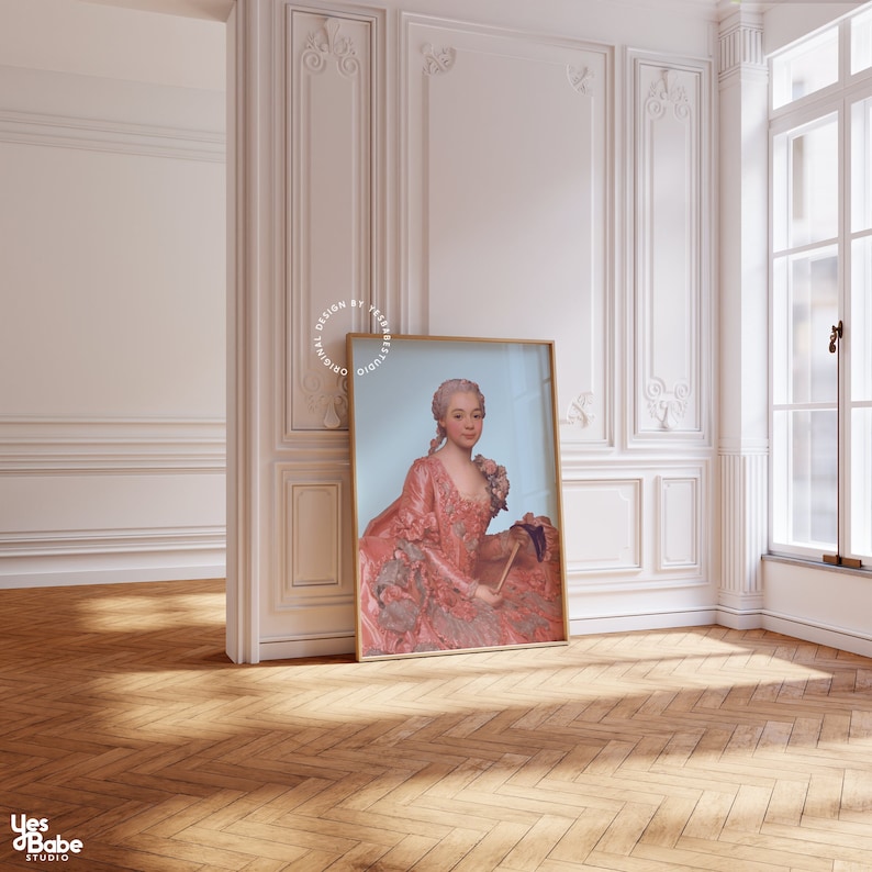 May include: A framed portrait of a woman in a pink and white dress, holding a fan. The portrait is set against a pale blue background.