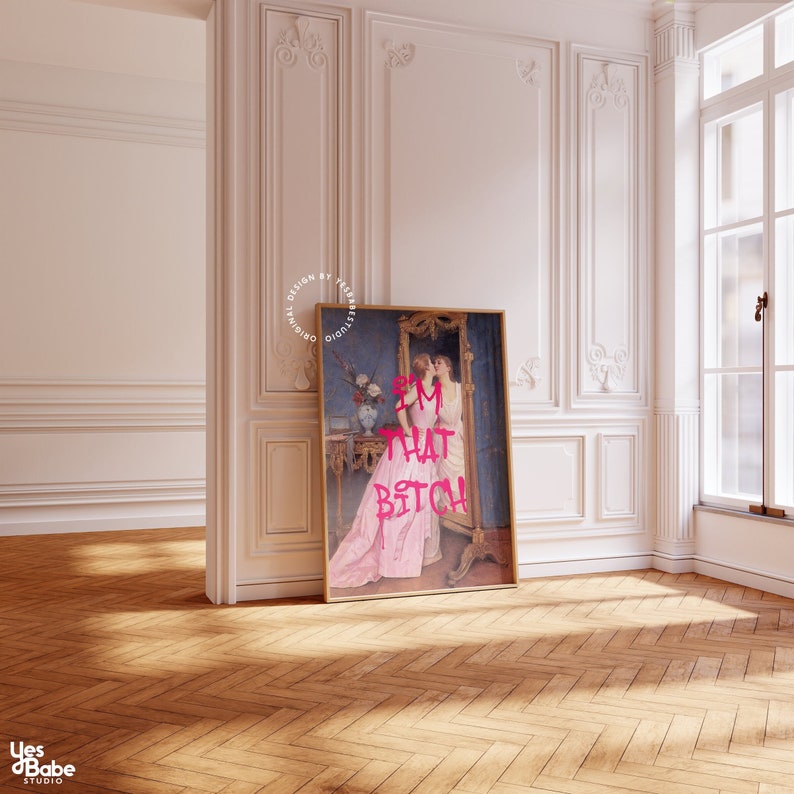 That Bitch print, Altered art print, Feminist wall art, Hot pink wall art, Maximalist art prints, Feminism poster, Coquette wall art, Rococo image 1
