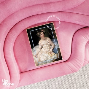 May include: A pink velvet sofa with a framed print of a woman with a floral crown. The print has the text "BRA FREE ZONE" in a neon-like font.