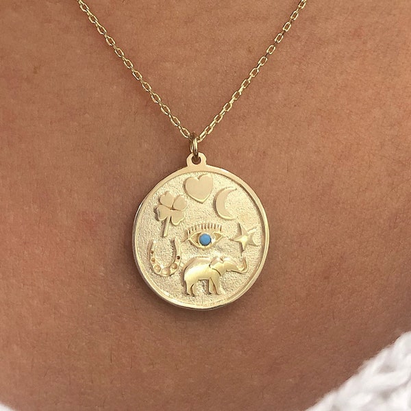 14k Solid Gold Seven Symbol Lucky Necklace / Turquoise Stone / Eye Lash Leaf Heart Moon Star Elephant Horseshoe / Valentines Day Gift
