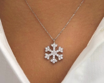 14k White Solid Gold Snowflake Necklace / White Zirconia Pendant / Valentines Day Gift / Shiny Gorgeous Gift / Free Shipping