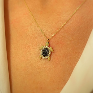 14K Solid Gold Black Zircon Turtle Necklace / Caretta Caretta Necklace / Delicate / Gift / Good Luck / Happy Mothers Day