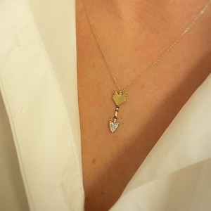 14k Solid Gold Zircon Arrow Necklace / Arrow Pendant / Special Gift/ Delicate / Gift / Yellow Gold / Archery Necklace / Arrowhead