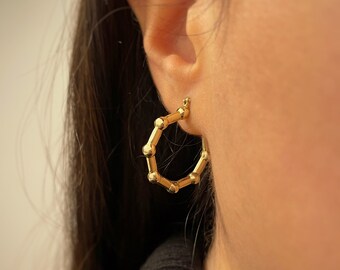 14K Solid Gold Ball Hoop Ohrring / Gelbgold Hoop / Perlen Creolen / Uniqe Style / Kreis Ohrringe