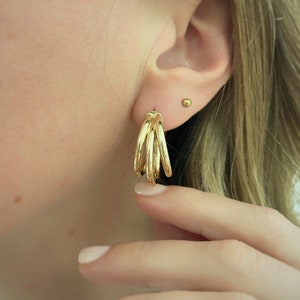14K Solid Gold Triple Hoop Earring / Yellow Gold Hoop / Multiple Hoop Earrings / Uniqe Style / Circle Earrings