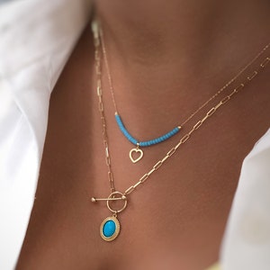 Collar de corazón mínimo de oro macizo de 14k / cadena mínima / collar de cuentas azules ovaladas / turquesa / cuentas azules / regalo / regalos de aniversario