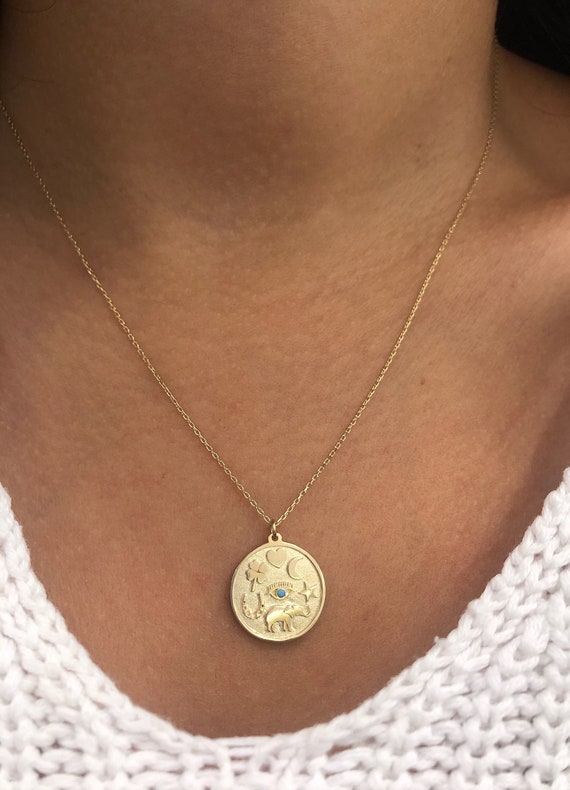 14k Solid Gold Seven Symbol Lucky Necklace / Turquoise Stone / Eye Lash Leaf Heart Moon Star Elephant Horseshoe / Valentines Day Gift