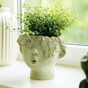 Könnte beinhalten: Ein hellgrüner, gesichtsförmiger Pflanztopf mit Blumenkranz, der eine lebendige grüne Pflanze enthält. Der Topf hat eine strukturierte Oberfläche und steht auf einer weißen Fensterbank, was ein charmantes Dekorationsobjekt ergibt.