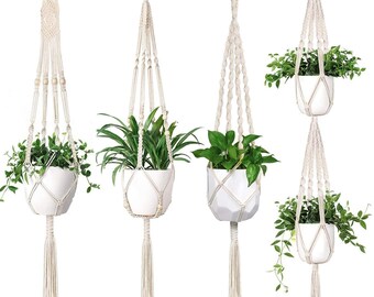 4er Set Makramee Blumenampel Hängeampel Blumentopf Pflanzenhalter Handgewebt Pflanzen-Dekor Blumen-Deko Boho