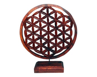 Blume des Lebens auf Sockel Aufsteller Skulptur Figur Flower of Life Suarholz Ornament