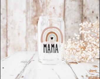 Mama | Aesthetic Rainbow | Minimalist | Coffee Glass | Libby Cup | Bamboo Lid | Boho