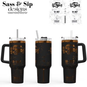 May include: Black and bronze insulated tumblers with a truck design and the text "1R-1807 Engine Oil Filter". The tumblers have a handle and a straw. The top of the tumblers are bronze. The brand name "Sass & Sip designs" is at the top.