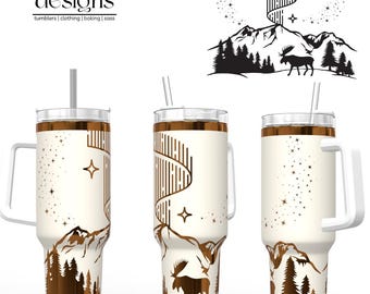 Vaso de alce y aurora boreal de 113 ml (40 oz) – Paisaje montañoso grabado a láser, taza térmica de acero inoxidable, regalo rústico para exteriores
