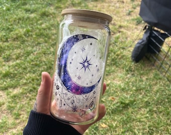 Moon | Purple Moon & Stars | Frosted or Clear | Bamboo Lid | Glass
