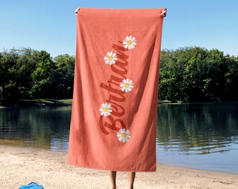 Custom Name Retro Flower Beach Towel, Hippie Vintage Flowers, Personalized Pool Towel, Vacation Gift, Daisy Vintage Towel, Personalized Gift