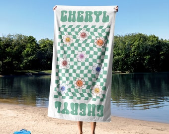 Retro Multi Style Personalized Beach Towel Name, Vintage Floral Custom Pool Towel with Name, Checkered Flowers Bath Towels, Vacation Gift