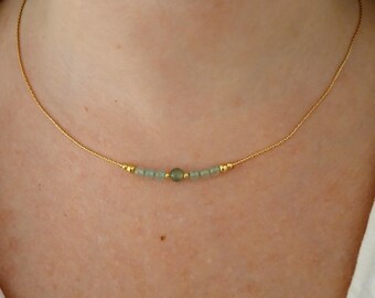 Aventurine bar gold necklace,minimalist jewel for woman,gold gem stone beaded jewelry,delicate layering simple crystal bohemian choker