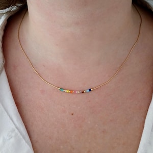Gold rainbow miyuki necklace,colored boho thin delicate necklace,dainty ombre gradient necklace,colorful tiny pride beaded beach necklace