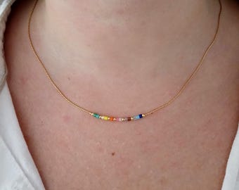Gold rainbow miyuki necklace,colored boho thin delicate necklace,dainty ombre gradient necklace,colorful tiny pride beaded beach necklace