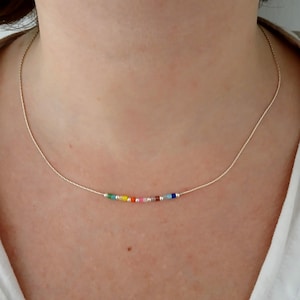 Silver rainbow miyuki necklace,colored boho thin delicate necklace,dainty ombre gradient necklace,colorful tiny pride beaded beach necklace
