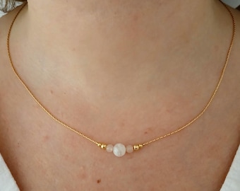 Short rose quartz and moonstone gold necklace,minimal jewel for woman,gold gem stone minimalist jewelry,thin simple crystal boho choker