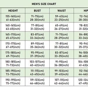 Puede incluir: Una tabla de tallas para ropa de hombre con medidas en pulgadas y cent&iacute;metros. La tabla incluye tallas desde 2XS hasta 3XL y enumera las medidas de altura, pecho, cintura y cadera.