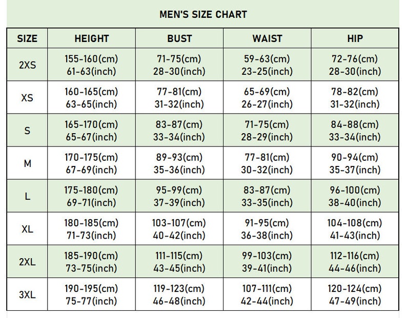 Puede incluir: Una tabla de tallas para ropa de hombre con medidas en pulgadas y cent&iacute;metros. La tabla incluye tallas desde 2XS hasta 3XL y enumera las medidas de altura, pecho, cintura y cadera.