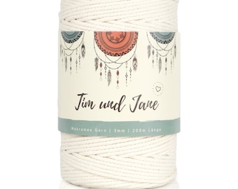 Macramé yarn 3 mm x 200 m, turned | 100% cotton yarn, not bleached | Nature White | Without core