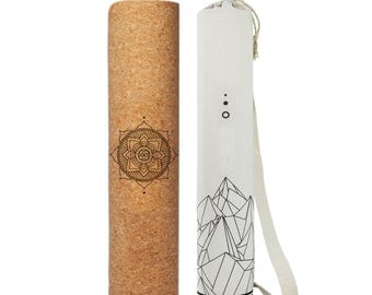 Tapis de yoga Mosswell en liège et TPE - 4 mm antidérapant sans phtalates - avec ligne de guidage et poche