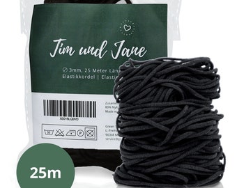 Tim und Jane® Gummiband rund 3mm, 25m Länge, schwarz, Elastikkordel zum Nähen, für Mundschutz