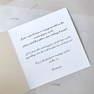 May include: White card with black text explaining how to add a personalized message to a card. The text reads: "If you wish to have a message printed on the inside of your card, please select this option when adding to basket. Let us know the wording you would like inside by putting it in the note to seller box at check out. This is the font your message will be written in. Thank you."