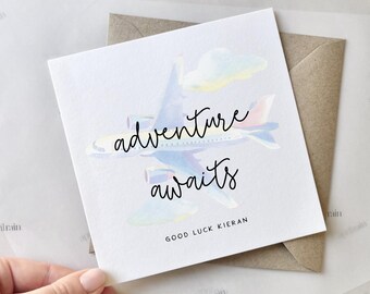 Adventure Awaits Card | New job card, Good luck card, Going travelling card, Adventure awaits card, Promotion card, New chapter card
