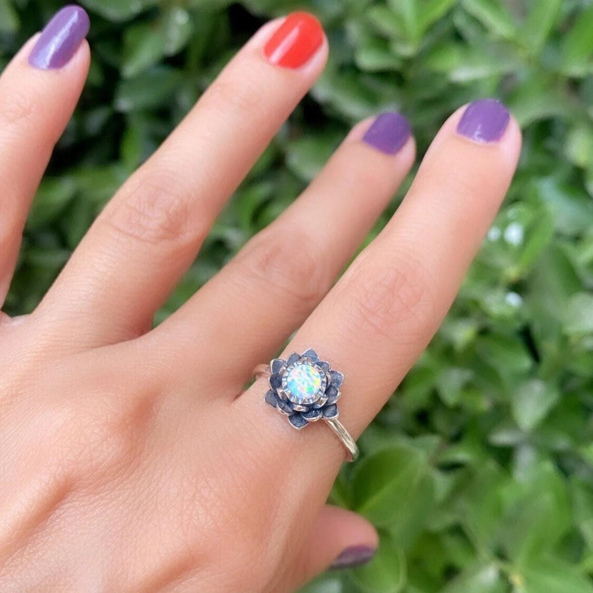 14K Gold Dainty Opal Gemstone Lotus Flower Engagement Ring