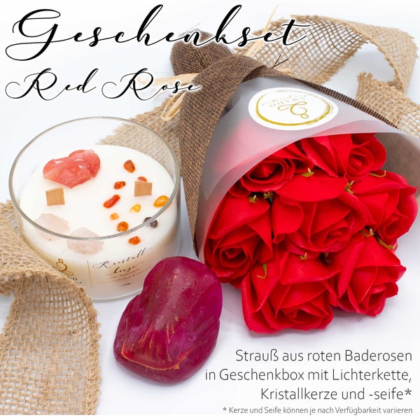 Rote Baderosen · Seifenrosen · Außergewöhnliches Wellness Geschenk Set zu Muttertag · Hochzeitstag · Geburtstag