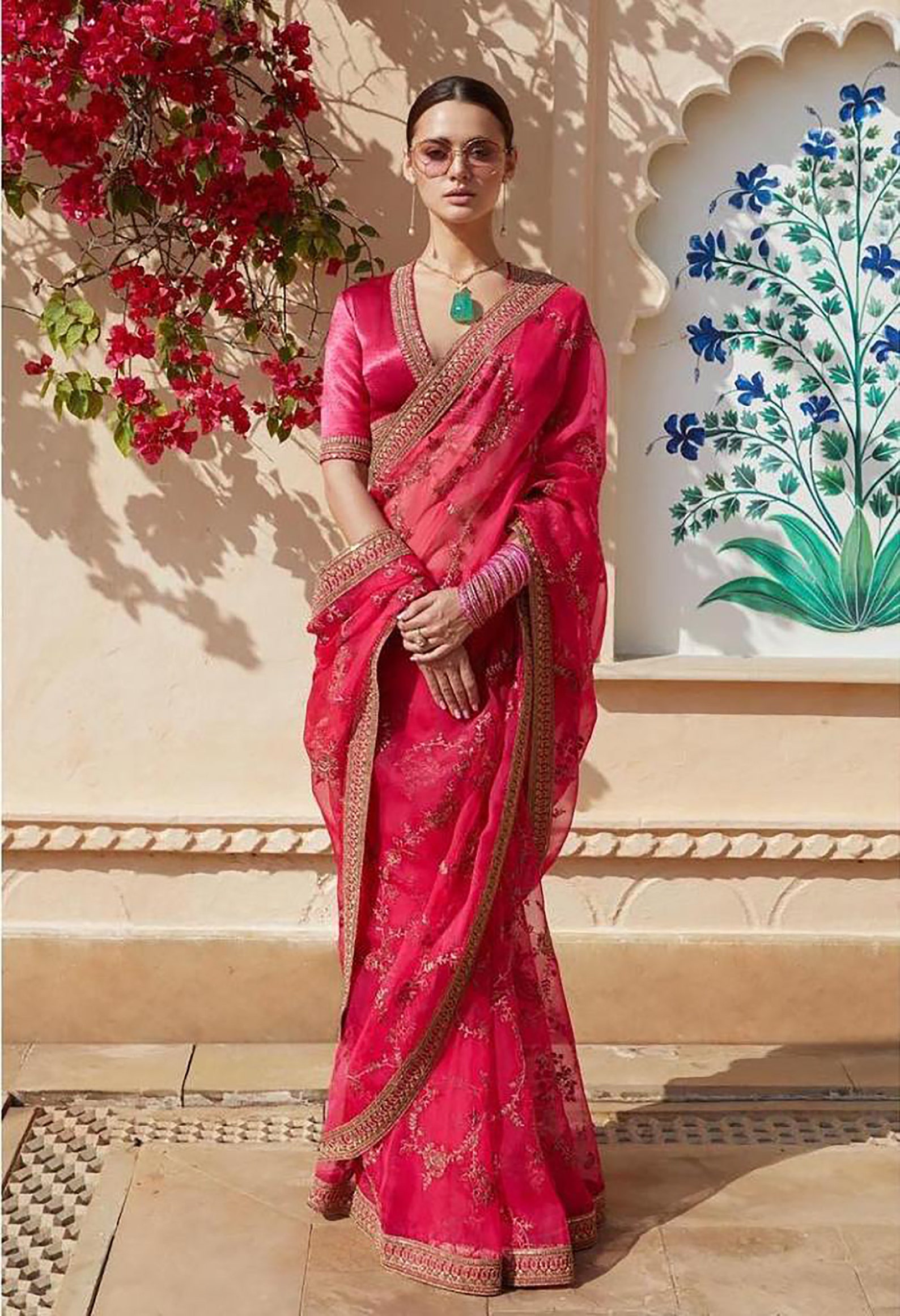 Pink Organza Bordered Saree with V neck blouse  Etsy