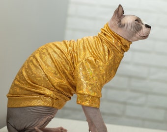 Sphynx cat clothes , nice yellow cat sweatshirt. Designer cat clothes. Here you can find best cat outfit for any breed