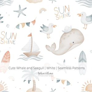 Marine Breeze Seamless Pattern, Watercolor Nautical Digital Paper, Cute Whale and Seagull Fabric Design, Ocean Nursery Repeat Tile