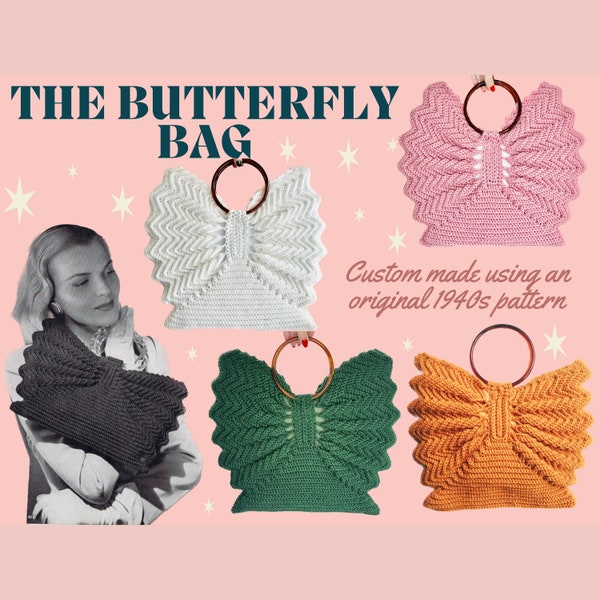 Crochet Butterfly Bag - Handmade crochet evening bag made using an original 1940s pattern