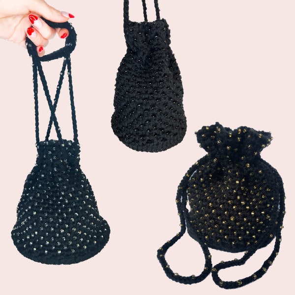 1940s style Crochet Beaded Evening Bag with drawstring handles Handmade to Order in any Colour