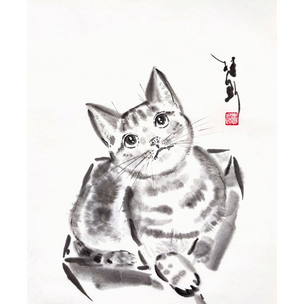 Chats originaux SUMIE "Chat dans une boîte", Mon chat Heini, peinture à l'encre japonaise