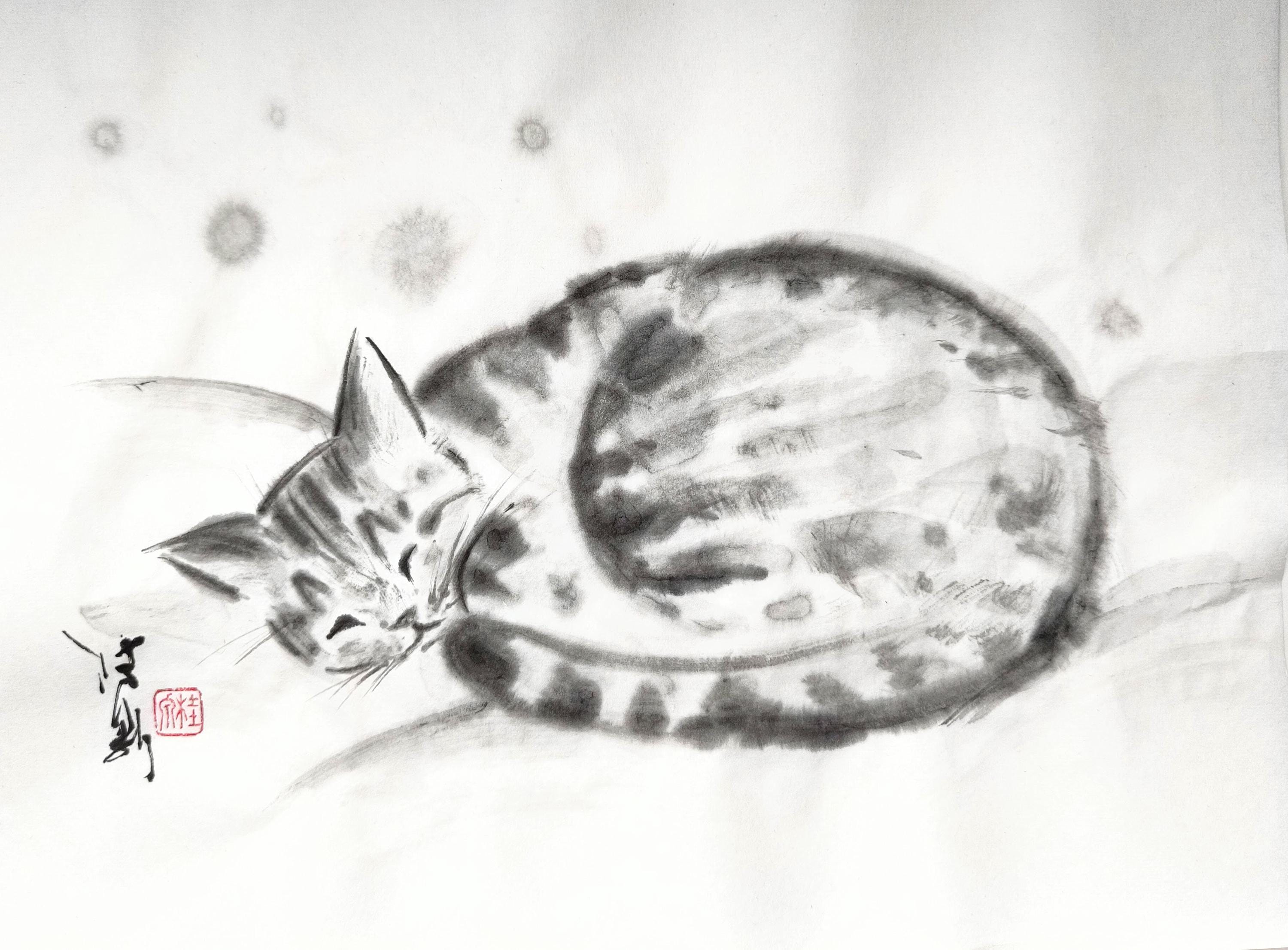 猫墨絵 水墨画「眠り猫たま / Sleeping Cat Tama / 眠っている猫 たま